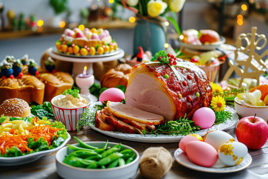 Easter dinner on table in the garden