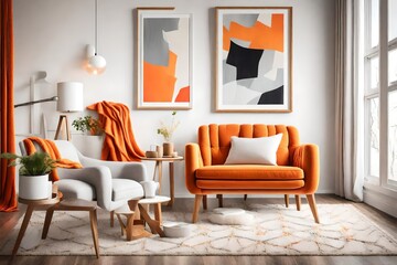 A cozy living room with a comfortable gray armchair, a blank white empty frame mockup on the wall, and a bright orange throw blanket. The room is adorned with colorful abstract artwork.