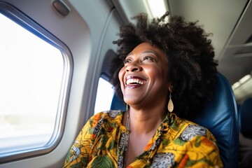 Happy old lady goes on summer vacation by plane sitting next to window looking down on landscape