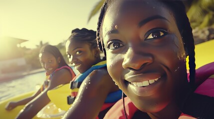 Joyful African-American woman makes selfie rafting on wide calm river closeup