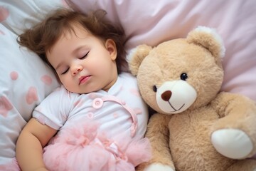 Toddler girl in shirt sleeps sweetly in company of best friend teddy bear seeing pleasant dreams