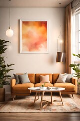 A cozy, well-lit living room with basic furnishings, offering a blank white empty frame mockup on the wall, complemented by a palette of warm, inviting colors.