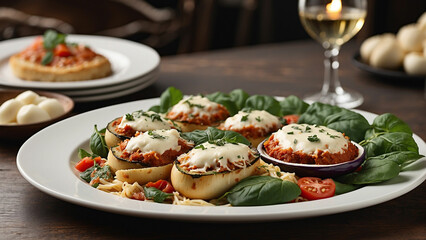 a warm and inviting scene with a veg food plate featuring classic Italian comfort dishes such as eggplant Parmesan