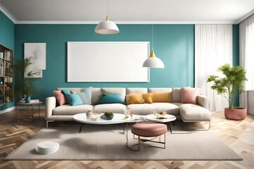 A marvelously simple living room, highlighting a chic sofa, an empty white frame mockup on a clear solid color wall, and a pop of vivid color, all elegantly lit by a contemporary pendant light.