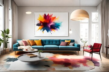 Minimalist elegance captured in a living room with a chic sofa, an empty white frame on the wall, and a burst of vibrant colors, complemented by a sleek pendant light.