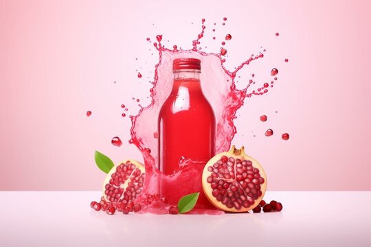 Colorful pomegranate juice bottle with splashes, isolated on a flat background. Minimalistic fruit drink concept. Generative AI