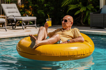 Senior man relaxing with a drink on a pool float, enjoying a sunny vacation day at a luxury resort.