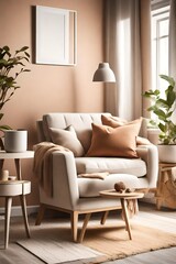 A cozy living room with a warm color palette. It features a comfortable beige armchair, a blank white empty frame mockup on the wall, and pops of color from decorative pillows.