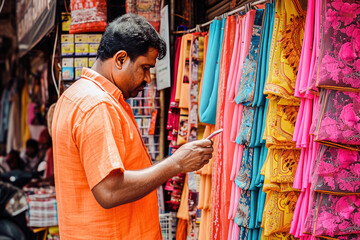 An Indian man carefully chooses from a vibrant selection of colorful fabrics at a bustling market textile shop.