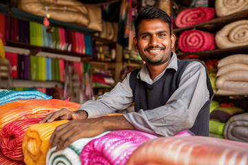 Portrait of a smiling Indian shopkeeper with colorful fabric rolls in a traditional Indian textile market. - obrazy, fototapety, plakaty