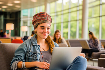 A smiling young woman with a headscarf working on her laptop in a bright university library environment.