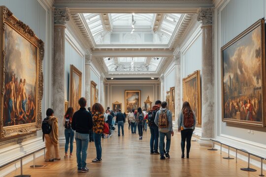 People have art day visiting museum paintings. Ai generative