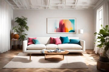 Tranquil minimalism infused with bursts of color in a living space, complete with a sofa, an empty white frame, and vibrant hues, softly lit by a sleek pendant.