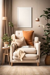 A cozy living room with a warm color palette. It features a comfortable beige armchair, a blank white empty frame mockup on the wall, and pops of color from decorative pillows.