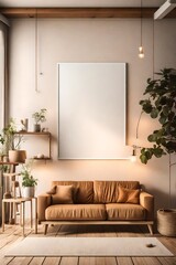 A cozy and well-lit living room, with simple furniture and a blank white empty frame mockup on the wall, surrounded by a palette of warm, earthy tones.