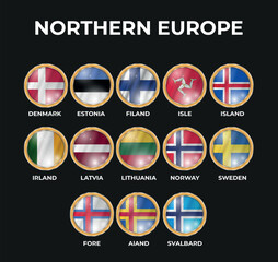 set of 3D illustrations of northern european state flags in circle shape - obrazy, fototapety, plakaty