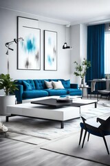 A modern living room with a sleek black coffee table, a blank white empty frame mockup on the wall, and pops of color from vibrant blue accent pillows.