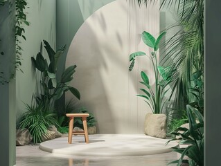Zen-Inspired Bathroom with Natural Elegance: Wooden Stool and Plants