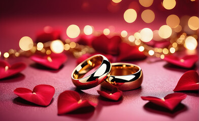 Gold rings with roses Valentine's Day. Generative AI