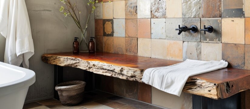 Live edge wood and metal bench in modern bathroom with concrete and terracotta tiles.