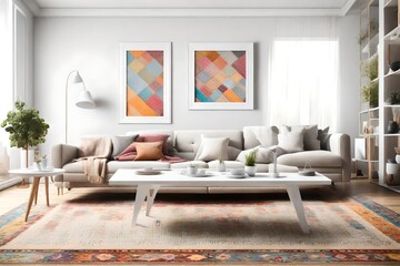 A bright living room with large windows, a simple white coffee table, and a blank white empty frame mockup on the wall. The room is adorned with colorful rugs and cushions.