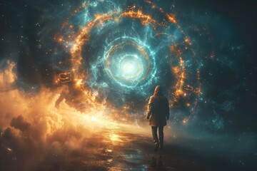 Image of time traveler person in astral world. Ai generative
