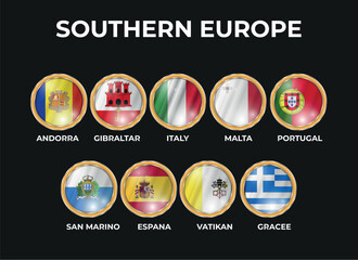 set of 3D illustrations of southern european state flags in circle shape