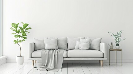living room interior with sofa and plant on white - obrazy, fototapety, plakaty
