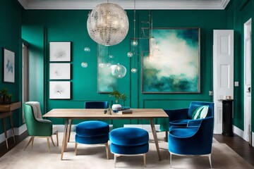 A serene masterpiece with an empty white frame on a clear emerald wall, accompanied by a singular cobalt chair, all aglow under the radiance of a sleek pendant light.
