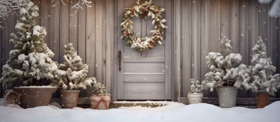 Fototapeta na wymiar Snow-covered bushes and trees surrounding a wooden front door with grain.