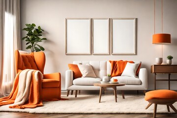 A cozy living room with a comfortable armchair, a blank white empty frame mockup on the wall, and pops of color from vibrant orange throw pillows. The room features a soft, plush rug.