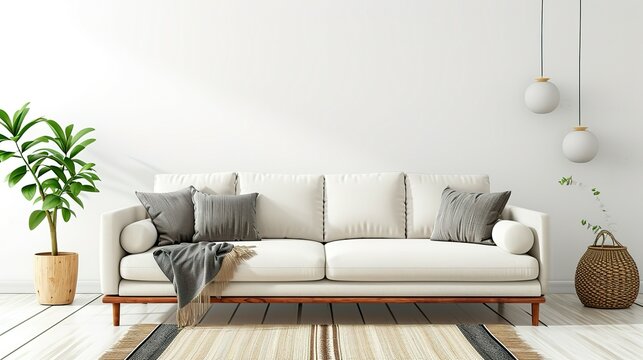 living room interior with sofa and plant on white