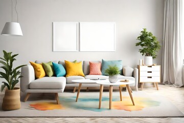 A snapshot of simplicity in a living room adorned with basic furniture, a blank white empty frame mockup, and a refreshing burst of bright colors creating a visually appealing composition.