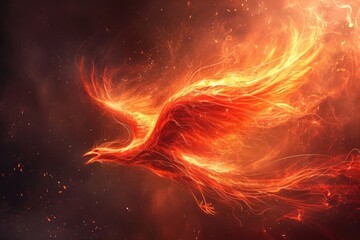 Flying red burning bird phoenix with wire wings. Ai generative