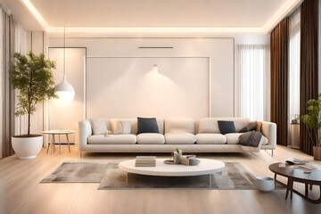 An elegantly minimalistic living space adorned with a sleek sofa, a white frame mockup on a solid color wall, and a splash of lively color, softly illuminated by a contemporary pendant light.