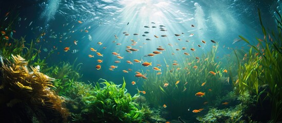 Fototapeta na wymiar Underwater scenery with plants, fish, diving, photography, wildlife, ocean travel.