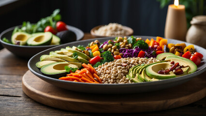 beauty of plant-based eating with a veg food plate filled with vibrant vegan bowls featuring a variety of grains, roasted vegetables, avocado slices, and a drizzle of tahini.