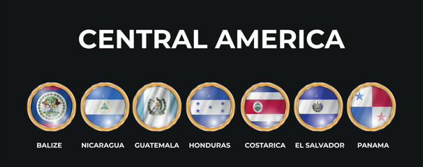 set of 3D illustrations of the flags of the Central American region in a circle shape