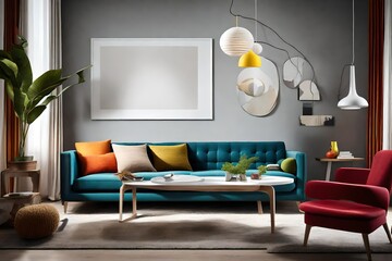 Capturing the essence of modern living a?" a sofa, a blank white frame, and vibrant colors, all softly illuminated by a sleek pendant light.