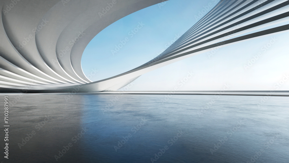 Poster 3d render of abstract wavy futuristic architecture with concrete floor.