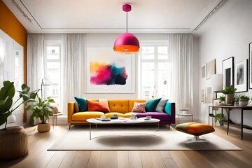 Minimalist elegance captured in a living room with a chic sofa, an empty white frame on the wall, and a burst of vibrant colors, complemented by a sleek pendant light.