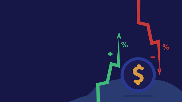 Financial rise and fall concept vector banner design with money icon, red green colored increase and decrease arrow icon, dollar sign coin icon on a dark blue background. Finance gain and loss.