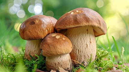 Group Boletus Edulis mushroom with brown hat (cep, porcini, king bolete, penny bun). Edible wild mushroom