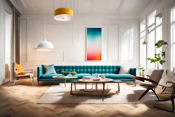 Naklejka na ściany i meble Tranquil minimalism infused with bursts of color in a living space, complete with a sofa, an empty white frame, and vibrant hues, softly lit by a contemporary pendant.