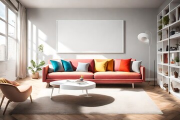 Tranquil minimalism with a burst of color in a living room, showcasing a sofa, an empty white frame, and vibrant hues, softly illuminated by a sleek pendant.