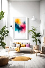 A minimalistic living room with pops of vivid hues, showcasing a blank white empty frame mockup that invites creativity and personal expression.