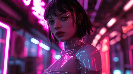 cyber punk style young Asian girl in a cyber punk style city