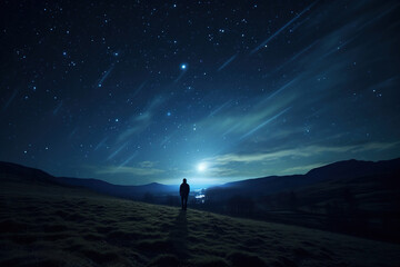 hiker on top of mountain at night . Generative Ai