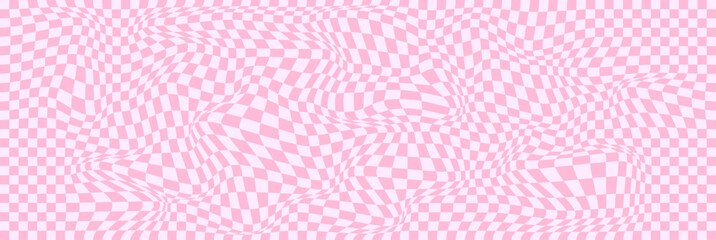 Pink groovy hippie 70s vector background. Chessboard and twisted pattern. Vector psychedelic abstract grid fun wallpaper. Retro style design for print on textile, paper, social media or web design.