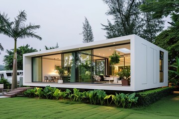 modern minimalistic home with a green garden. large sliding windows and a big white coach